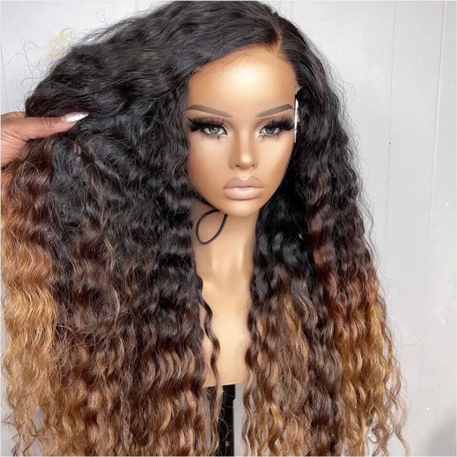 Natural Hairline Ombre Honey Blonde Kinky Cruly 180Density Lace Front Wig with Baby Hair Glueless Preplucked