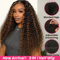 Thumbnail for 1B/30 Highlight Deep Wave Half Wig Human Hair 3 IN 1 Half Wig Invisible Drawstring Glueless Wig Ombre Blonde Colored Curly Wig