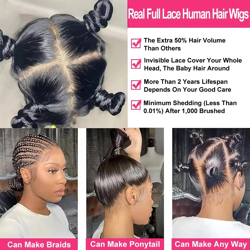 Straight 250 Density Real Full Lace Human Hair Wig Brazilian Pre Plucked 360 HD Full Lace Invisible Strap Snug Fit Wig