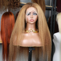 Thumbnail for Kinky Straight Yaki Straight Blonde Brown Piano Color Lace Front Wig PrePlucked Remy Hair