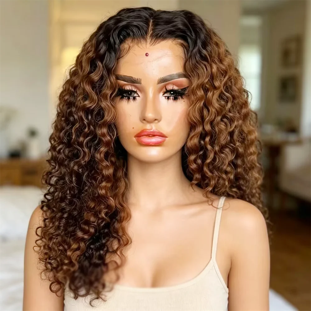 Soft Ombre brown Glueless 26Inch Black Body Wave HD Lace Frontal Wigs Hair Pre Plucked Transparent Lace Wigs Deep Part