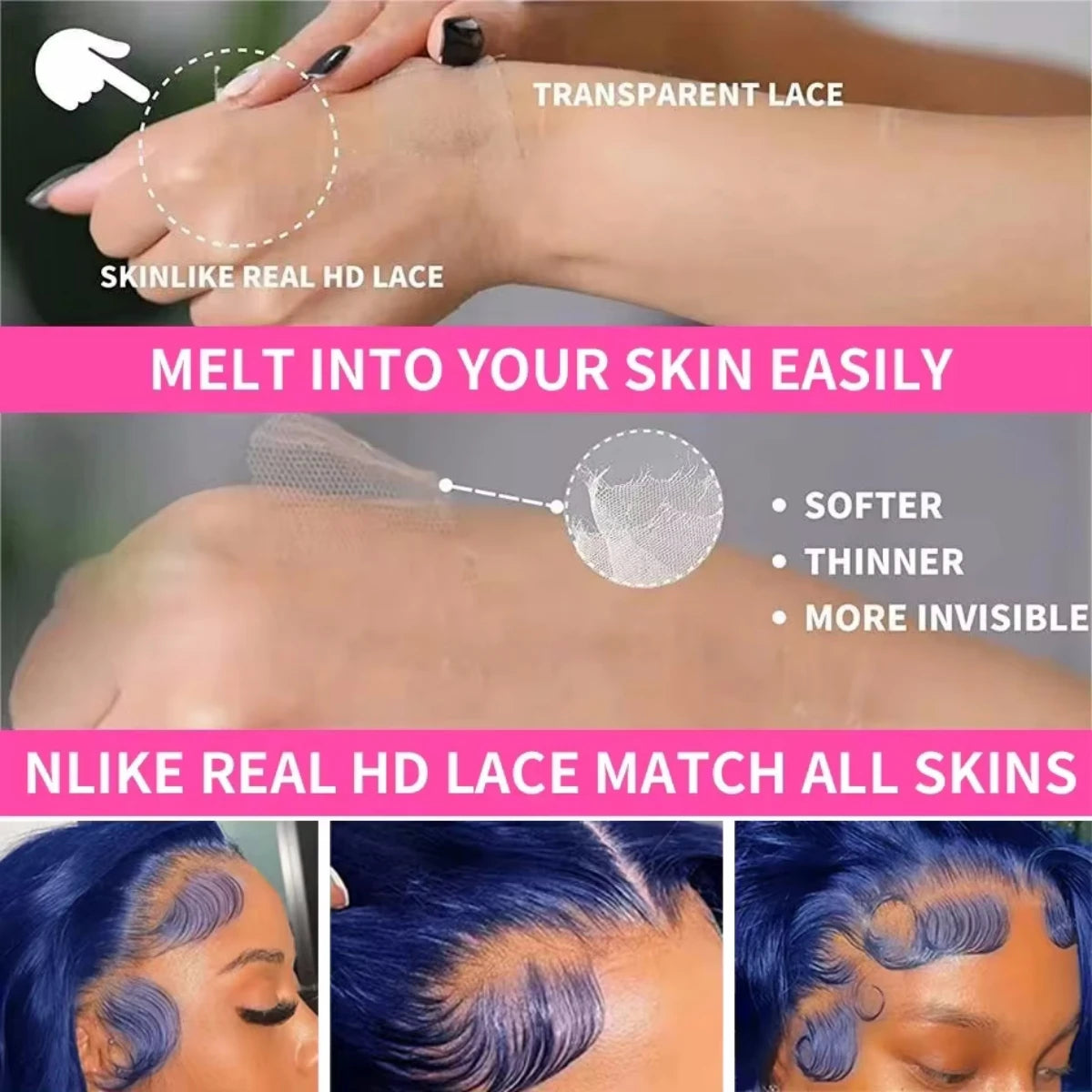 Navy Blue Color Body Wave Human Hair Lace Frontal Wigs Brazilian Blue HD Transparent Lace Front Wigs  Pre Plucked