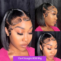 Thumbnail for Straight Short Bob Wigs 13x4 Human Hair Lace Frontal Wigs 200% Remy Pre Plucked Transparent