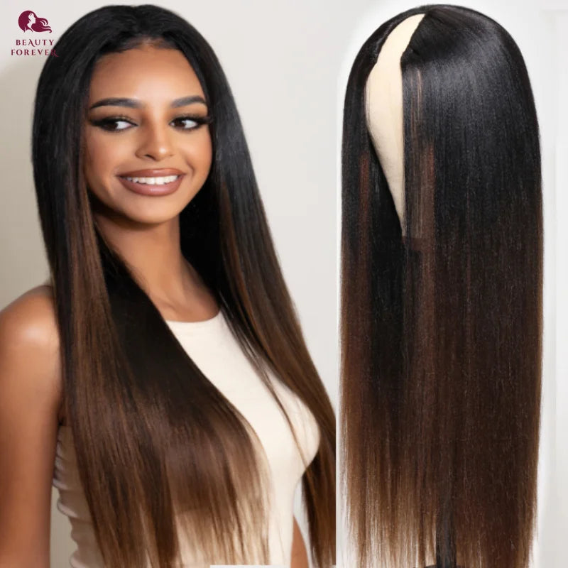 Yaki Straight V Part Wig Human Hair Elastic DrawString Straight
