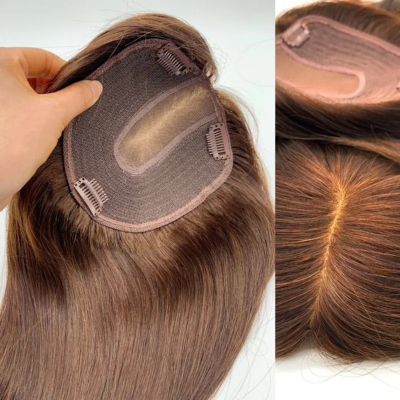 Women Toupee Silk Base Topper Clip In Real Human Hair Wigs Hairpiece With Bangs Straight Hair Toppers