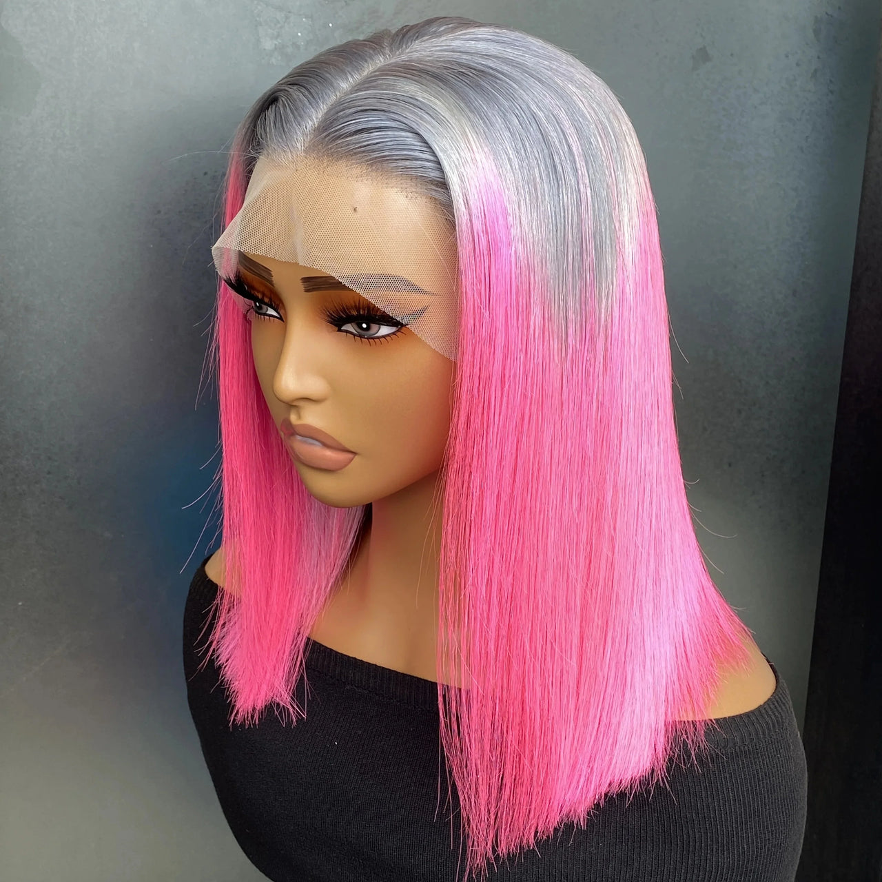13x4 Lace Ombre Grey Pink Colored Wigs Human Hair Short Bob Wig Preplucked Transparent Lace Frontal