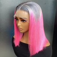Thumbnail for 13x4 Lace Ombre Grey Pink Colored Wigs Human Hair Short Bob Wig Preplucked Transparent Lace Frontal