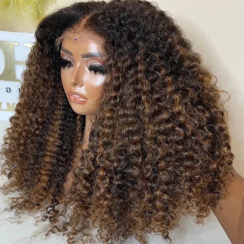 Natural Hairline Preplucked 26“Long 180Density Ombre Brown Blonde Kinky Curly Lace Front Wig  Baby Hair Glueless
