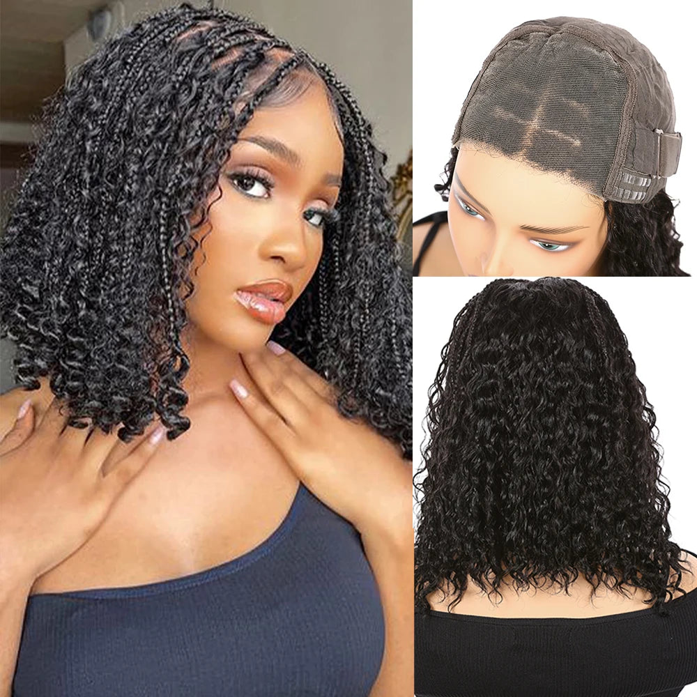 Boho Box Braids Wig 5X5 Curly Lace Closure Braided Wig Square Parted Knotless