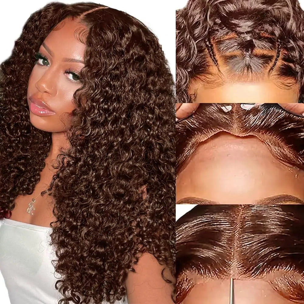 Curly wigs Transparent Lace Front Wig Chocolate Brown Brazilian Deep Wave Frontal Human Hair Wig  Pre-Plucked