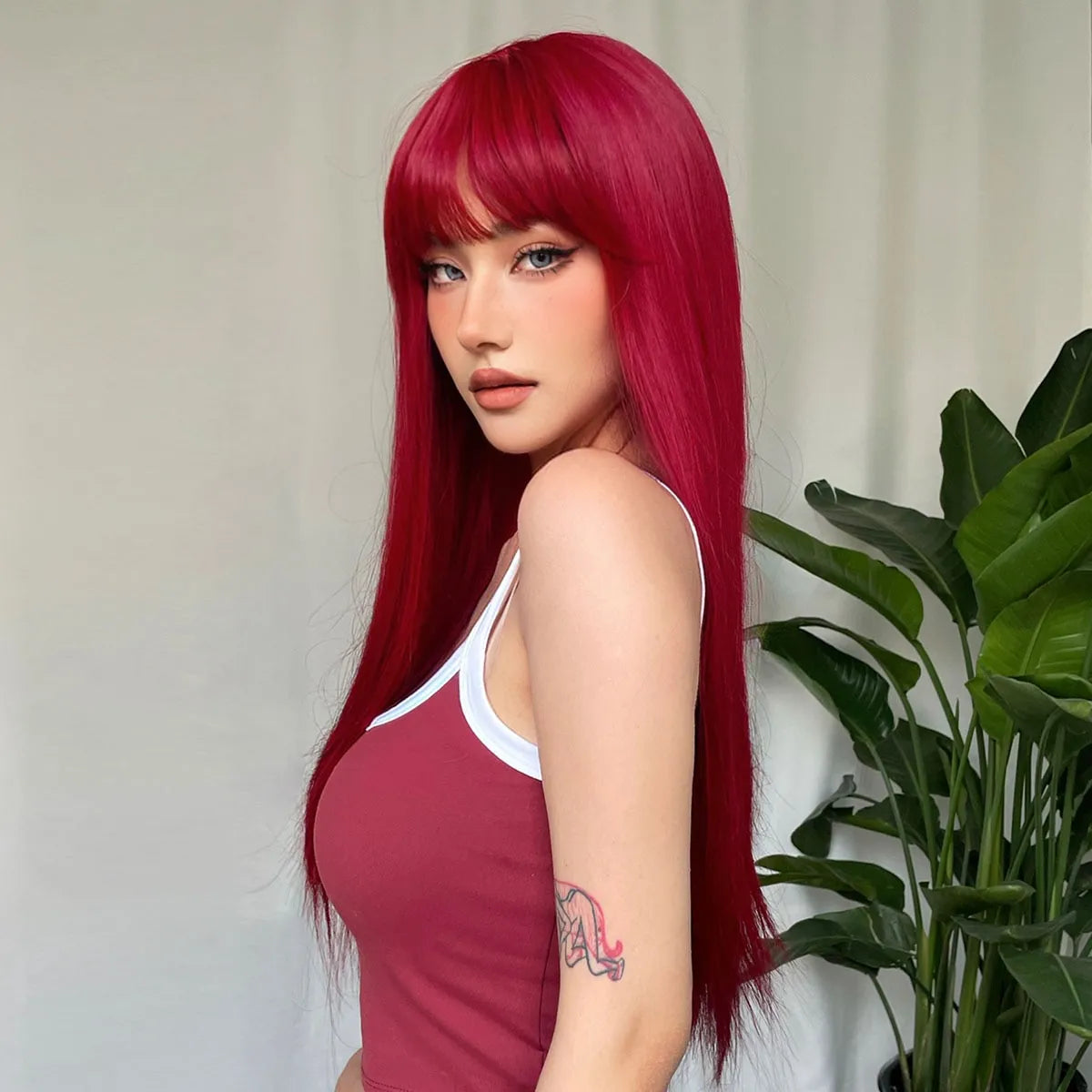 Light Wine Red Synthetic Wigs With Bangs