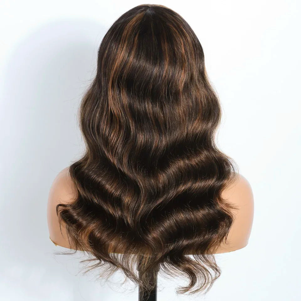 180D Highlight Body Wave Human Hair Wig With Bangs Wear To Go Ombre Blonde Brazilian Body Wavy Human Hair Wigs