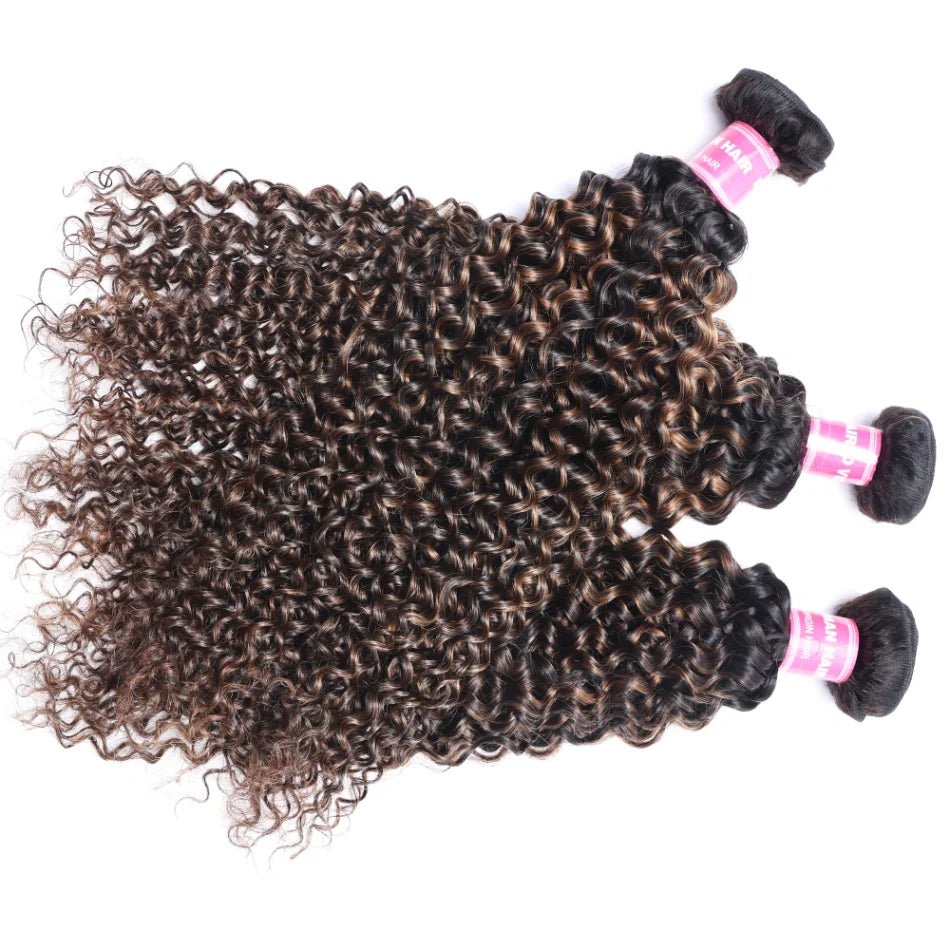 FB30 Brown Highlights 3/4 Pcs Jerry Curly Brazilian Human Hair Weave Bundles with Closure Remy Hair Extensions