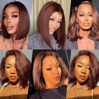 Thumbnail for 200 Density Brazilian Human Hair Chocolate Brown Short Bob Wig Bone Straight 13x4 HD Transparent Lace Front Wigs