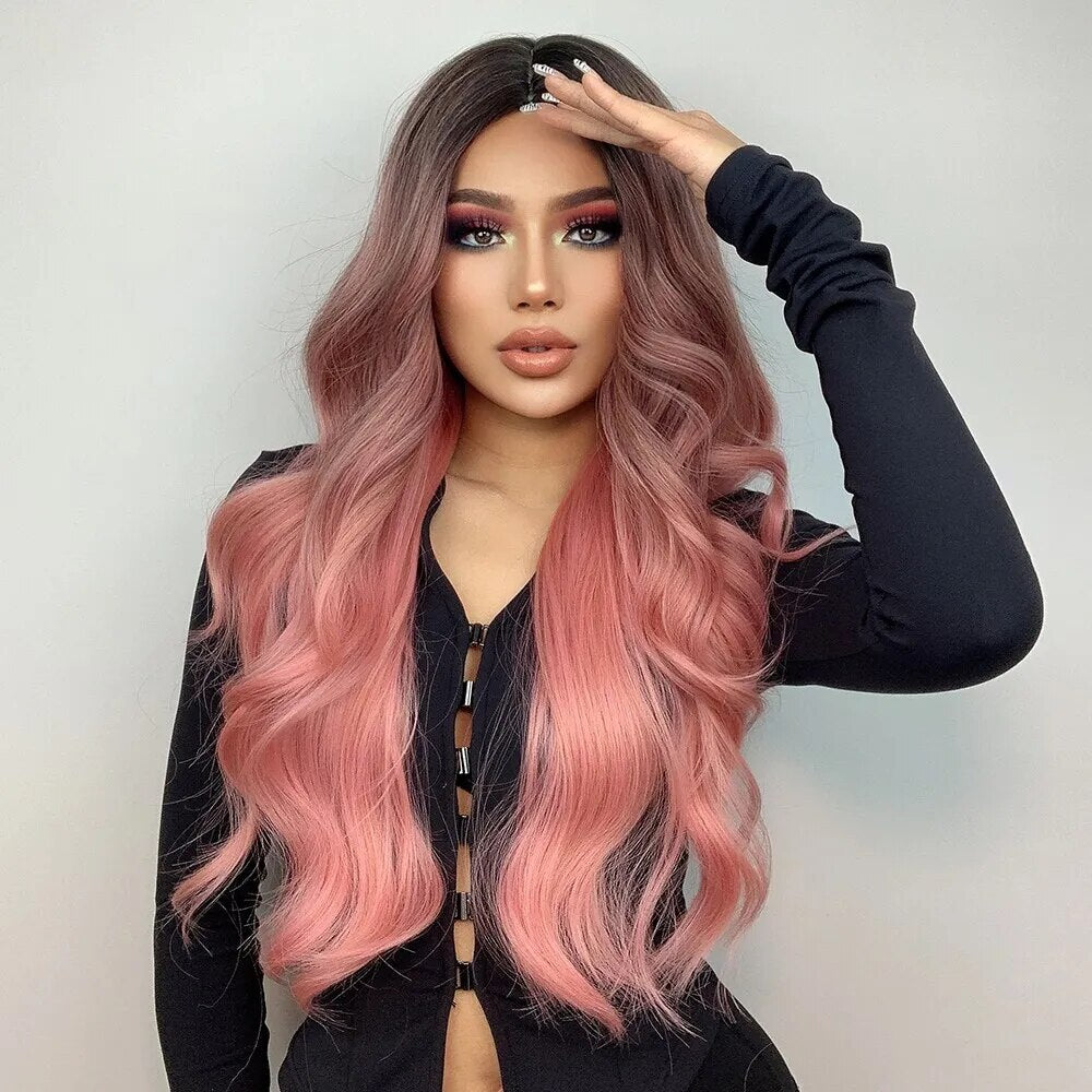 Pink Wigs Wavy Wig Middle Part  Synthetic Heat Resistant Wig Natural Hair Looking