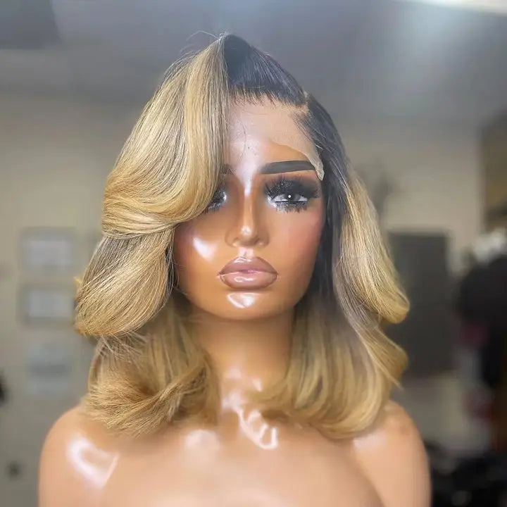 Gorgeous Ombre Blonde Color Loose Wave 13x4 Closure Lace Glueless Short Frontal Lace Human Hair Wig