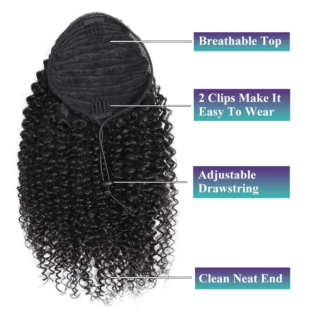 Deep Wave Drawstring Ponytail Human Hair Ponytails #1B Natural Black Curly Clip In Hair Extensions