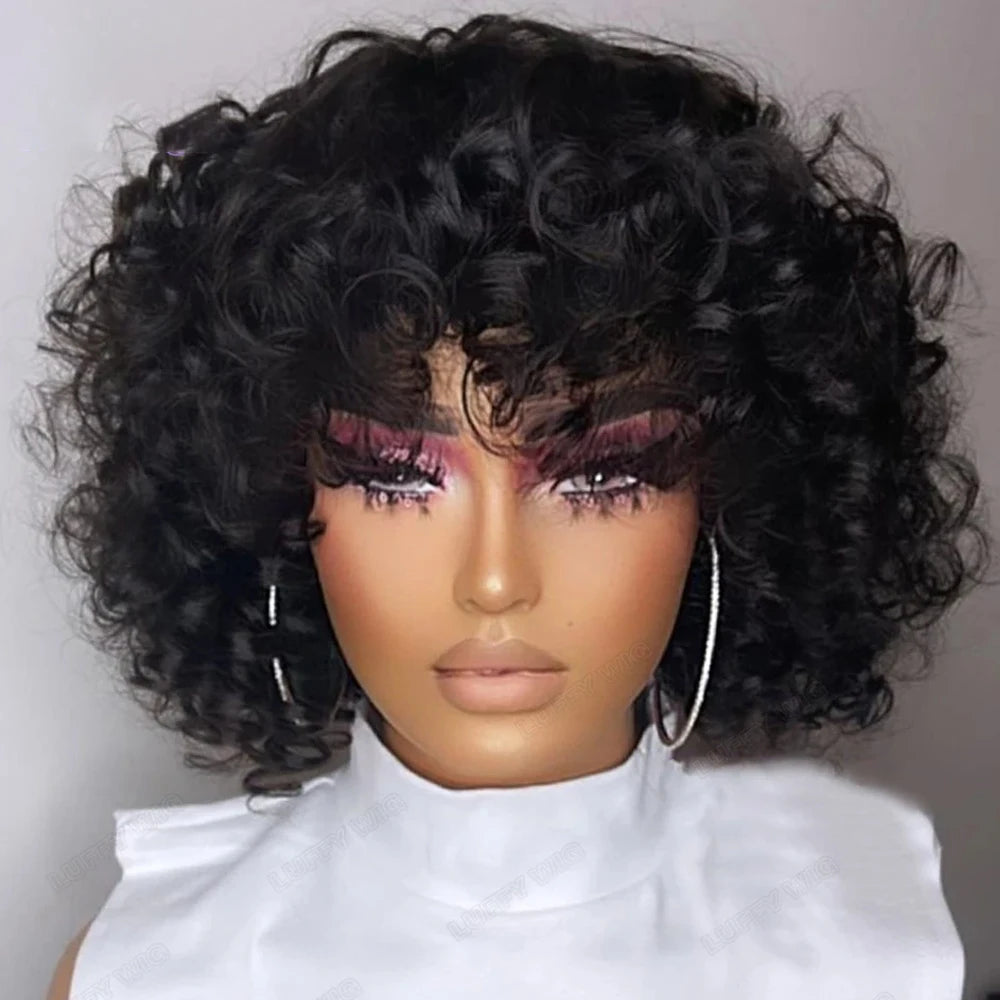 Short Bouncy Curly Bob Wig With Bangs  Human Hair Wig