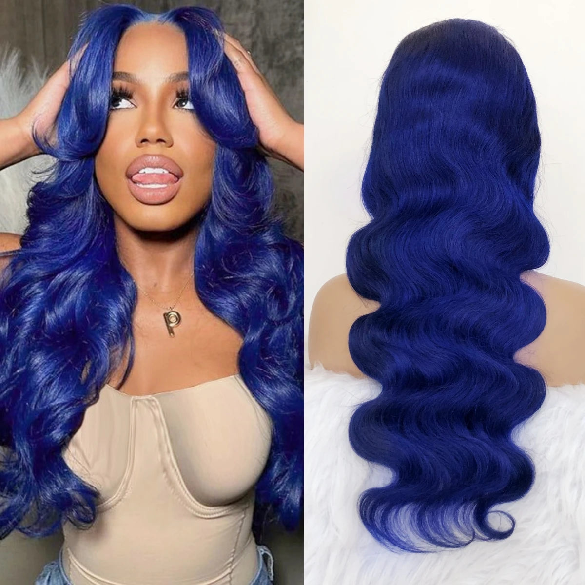 Navy Blue Color Body Wave Human Hair Lace Frontal Wigs Brazilian Blue HD Transparent Lace Front Wigs  Pre Plucked