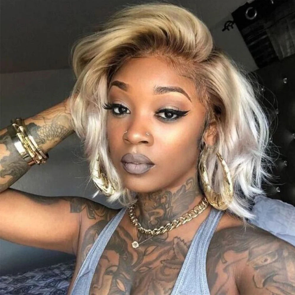 Short Bob Wig Ombre Blonde Lace Front Human Hair Wigs Straight 150 Density