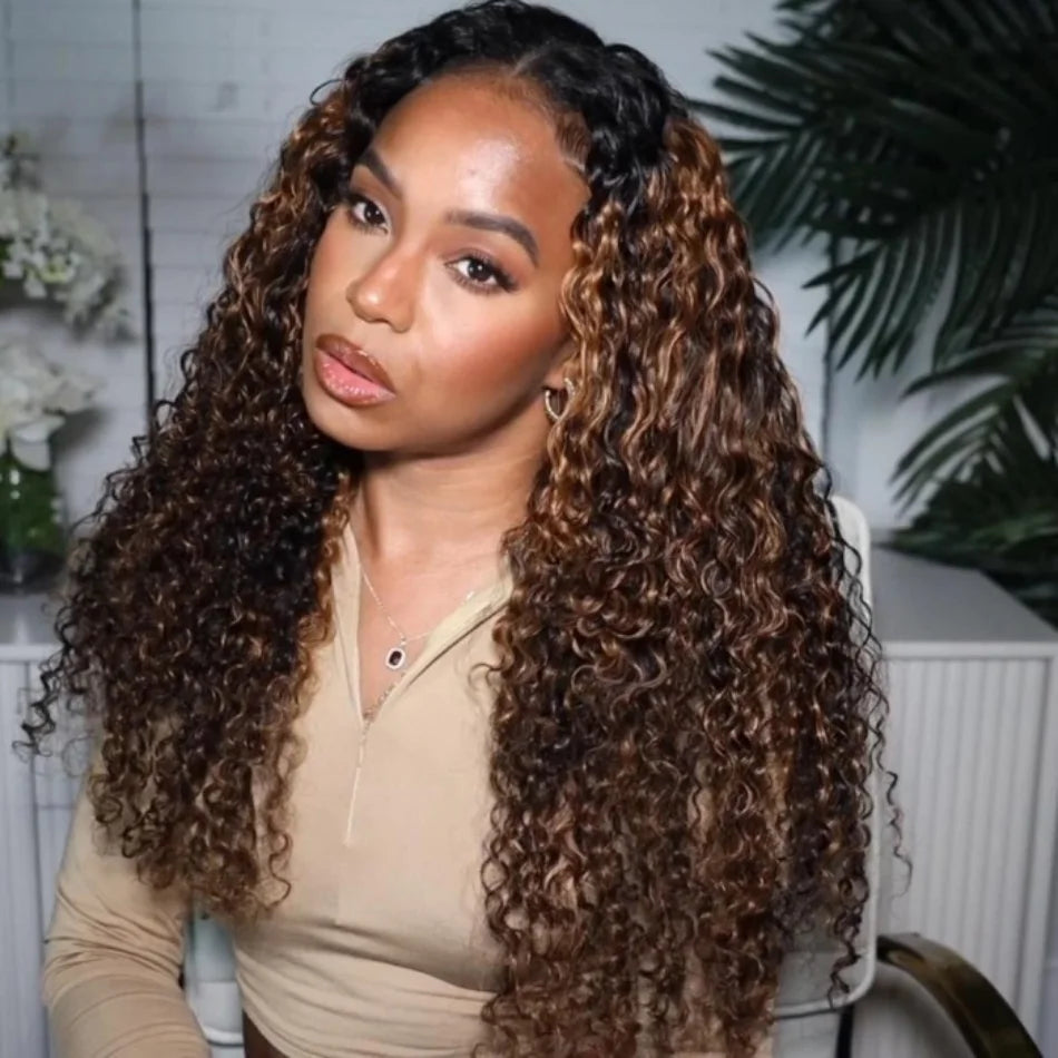 FB30 Brown Highlights 3/4 Pcs Jerry Curly Brazilian Human Hair Weave Bundles with Closure Remy Hair Extensions