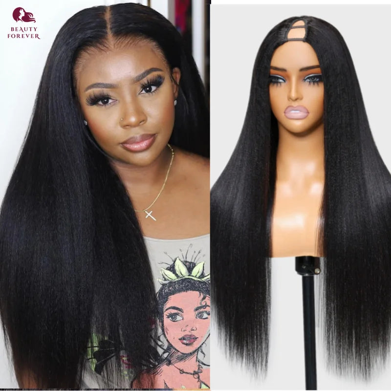 Yaki Straight V Part Wig Human Hair Elastic DrawString Straight
