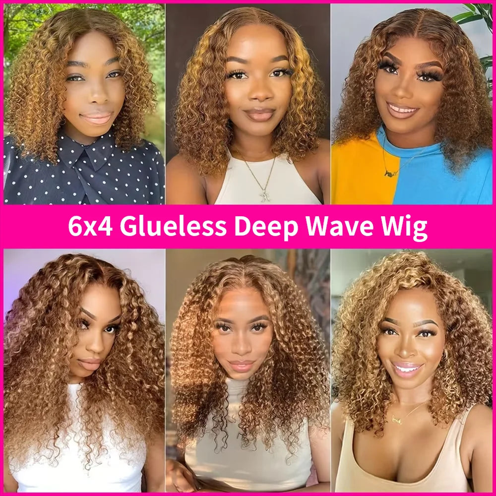 Pre Cut 7x5 Curly Bob Glueless Wigs Human Hair Pre Plucked 4/27 Highlight Ombre