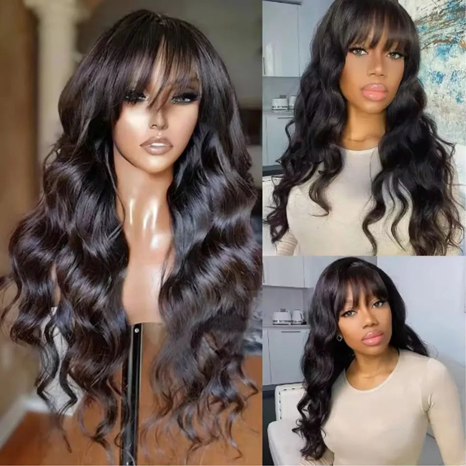 Easy Go Body Wave 100% Human Hair Wigs With Bangs 250Density Glueless Machine Made