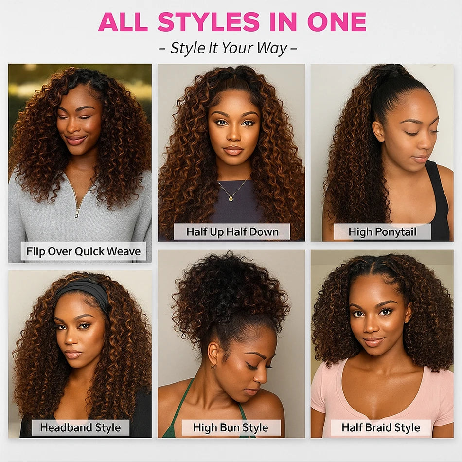 1B/30 Highlight Deep Wave Half Wig Human Hair 3 IN 1 Half Wig Invisible Drawstring Glueless Wig Ombre Blonde Colored Curly Wig