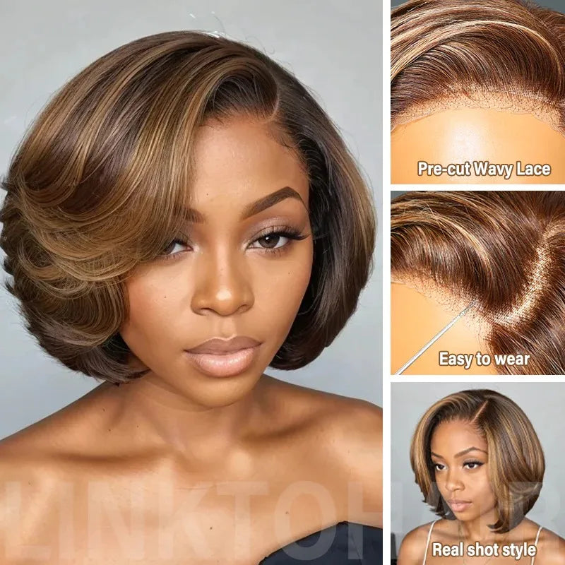 Brown Mix Blonde 5x5 Closure Lace C Part Glueless Highlight Bob Wig