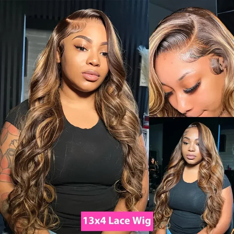 P4/27 Highlight HD Transparent Full Frontal Lace Human Hair Wigs Brazilian Body Wave Frontal