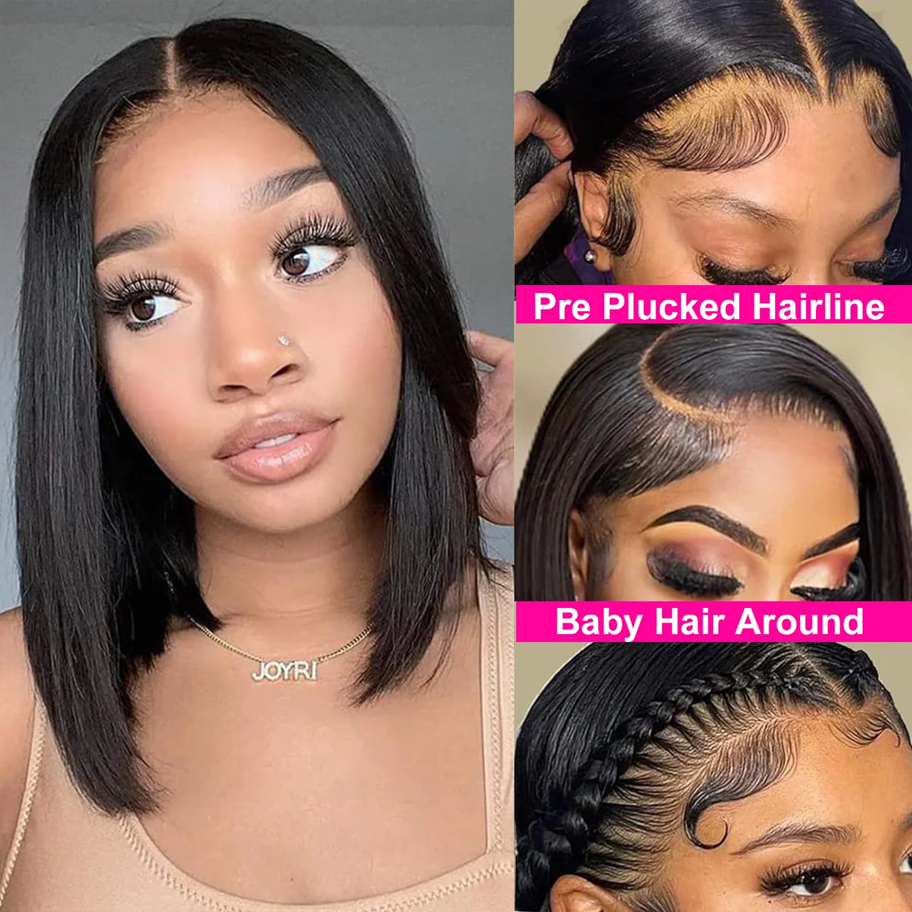Short Bob Wig Closure Brazilian Remy Human Hair 180% Pre plucked