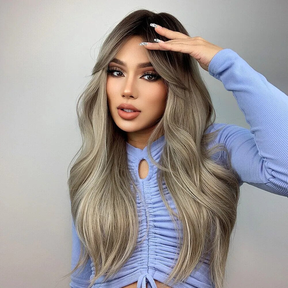Brown Blonde Ombre Natural Hair Wigs for Women Long Wavy With Dark Roots Synthetic Wig