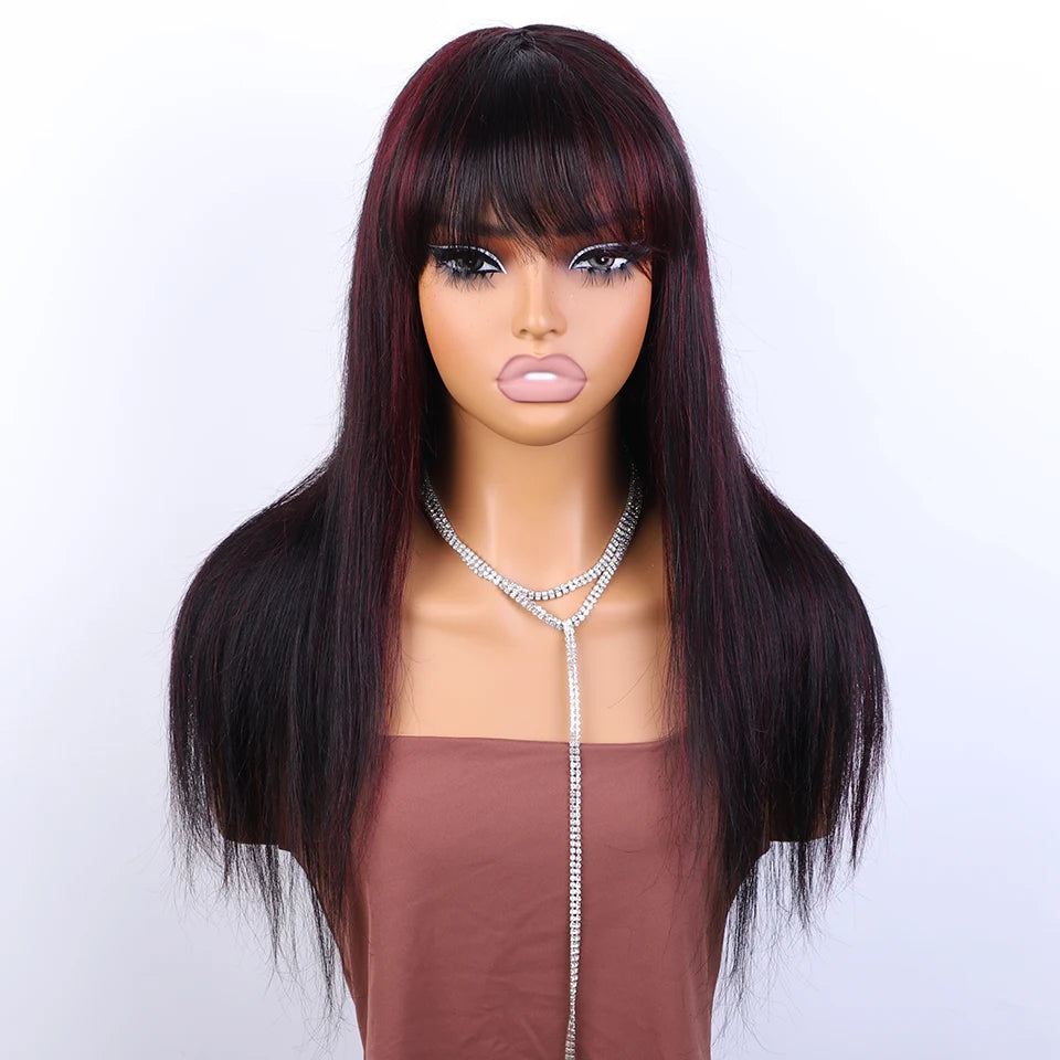 24" Long Highlight Burg Red Bone Straight Human Hair Wigs With Bangs Brazilian Remy Hair