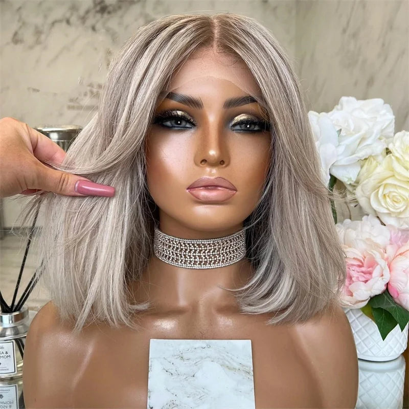 Short Bob human hair lace Wigs Ash Blonde Highlights Platinum Blonde