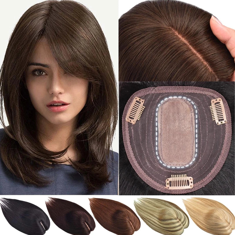 Women Toupee Silk Base Topper Clip In Real Human Hair Wigs Hairpiece With Bangs Straight Hair Toppers
