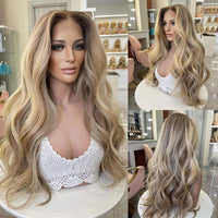 Thumbnail for Ash Blonde Body Wave Wigs Human Hair Glueless 150 Density Remy Preplucked Highlight Brown Human Hair Wig 13x6 Lace Frontal Wigs