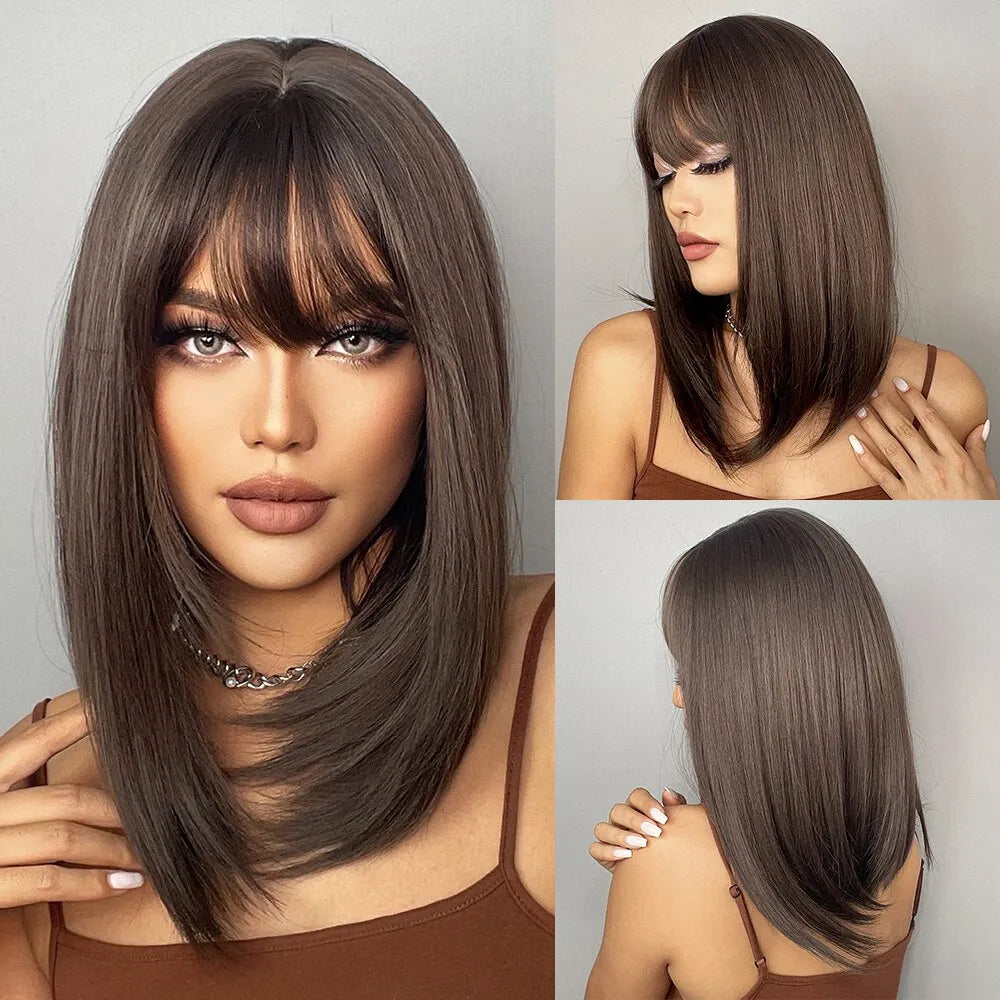 Brown Straight Wigs With Bangs For With Dark Roots