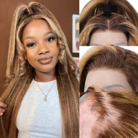 Thumbnail for Kinky Straight Yaki Straight Blonde Brown Piano Color Lace Front Wig PrePlucked Remy Hair
