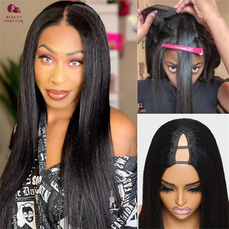 Yaki Straight V Part Wig Human Hair Elastic DrawString Straight