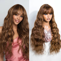 Thumbnail for Highlight Brown Body Wave Bangs Wig Human Hair Wigs 180% Density Brazilian Virgin Human Hair Glueless Wear And Go Body Wave Wigs