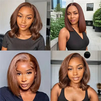 Thumbnail for 200 Density Brazilian Human Hair Chocolate Brown Short Bob Wig Bone Straight 13x4 HD Transparent Lace Front Wigs