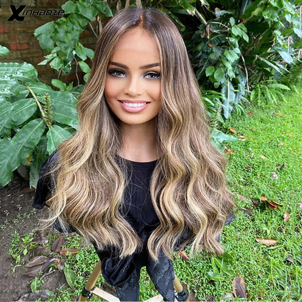 Body Wave Wig Brown Roots Ombre Blonde with Baby Hair