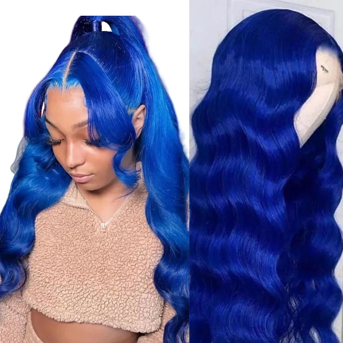 Navy Blue Color Body Wave Human Hair Lace Frontal Wigs Brazilian Blue HD Transparent Lace Front Wigs  Pre Plucked