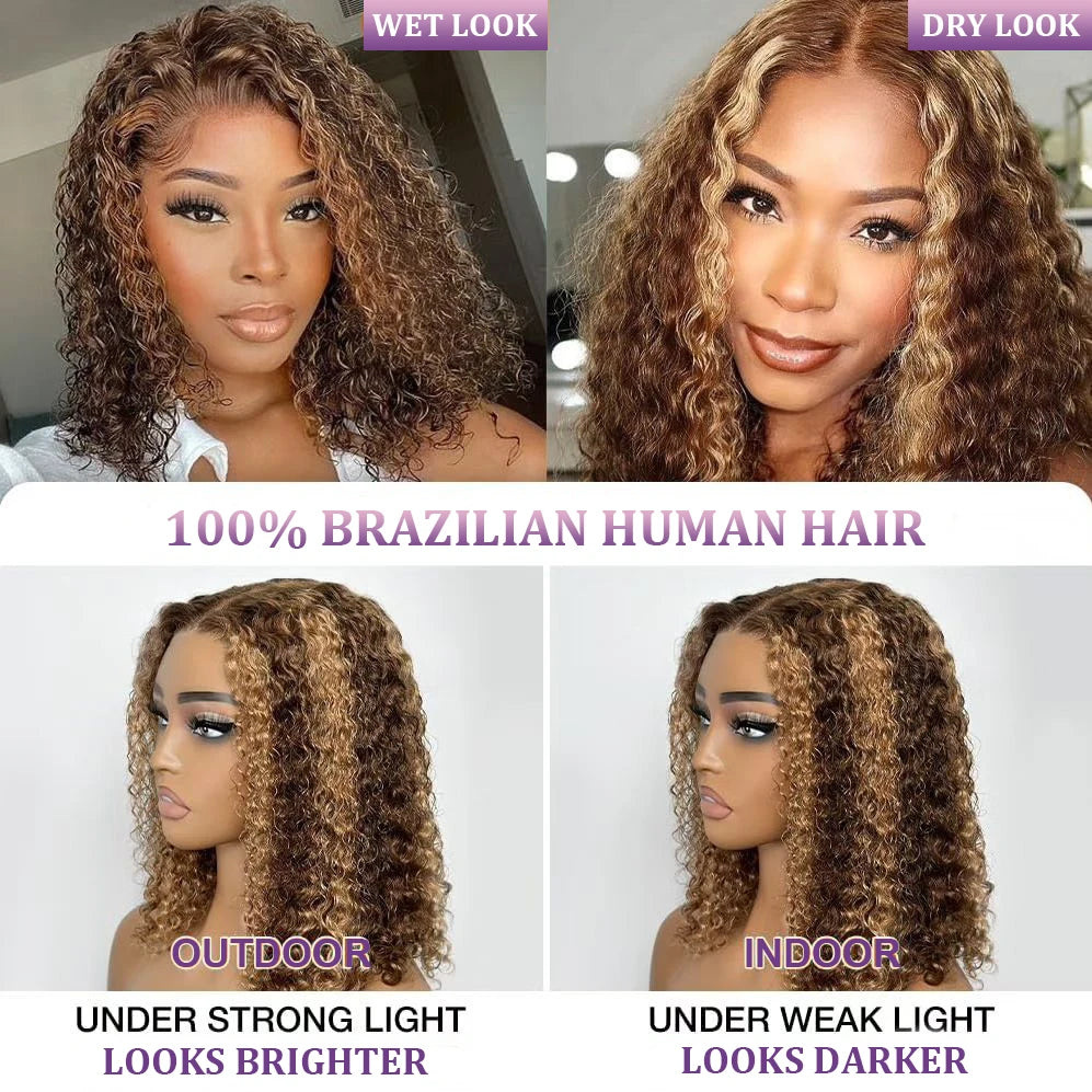 Highlight Color Short Bob Wigs Deep Wave Brazilian Human Hair Deep Curly