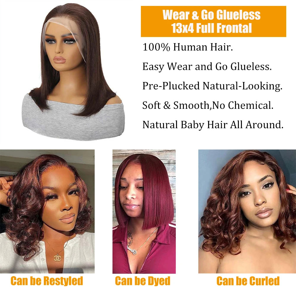 #4 Straight Bob Wig Chocolate Brown Human Hair Wigs 13x4 Transparent Lace Frontal Wig Brazilian Virgin 100% Human Hair