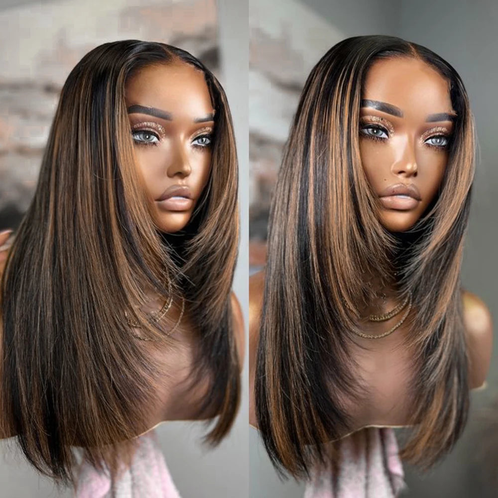 H30 Layered Hair Wear and Go 6x6 Lace Closure Glueless Wig Mixed Hair not 100% Human Hair Pre Plucked Lace Wig without Glue