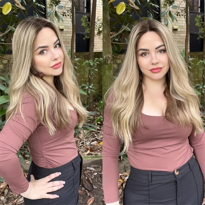 Ash Blonde Highlight Synthetic HD Lace Front Wig Colored Silk Loose Wave Glueless Wig Dark Roots Blonde Wig