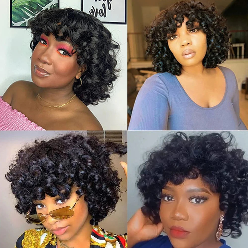 Short Bouncy Curly Bob Wig With Bangs  Human Hair Wig