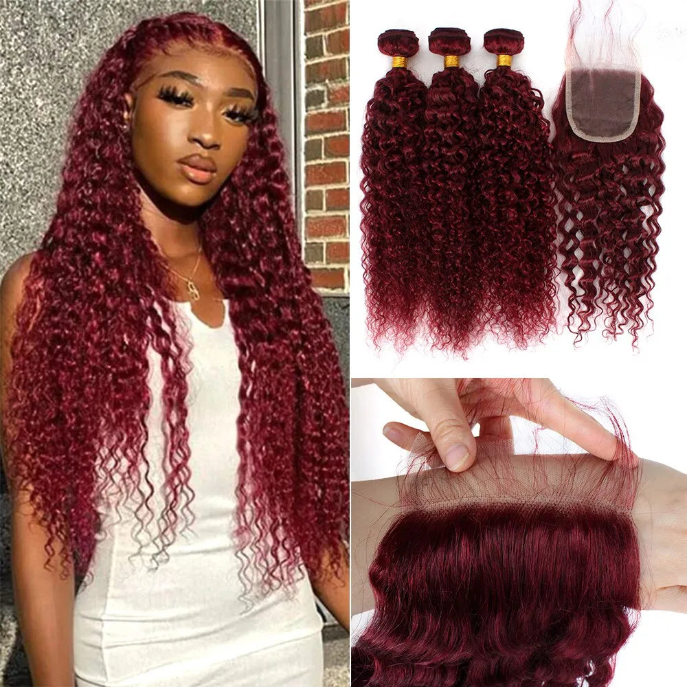 Curly Human Hair Weave Bundles With Closure 99J Red Hair Extensions Brazilian Burgundy 3